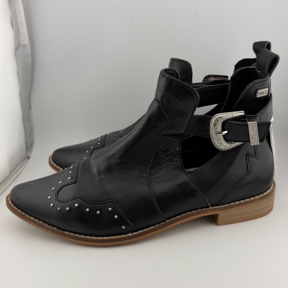 Musse & Cloud Leather Western Ankle Boots 8 Black New Studded Cut Out Buckle